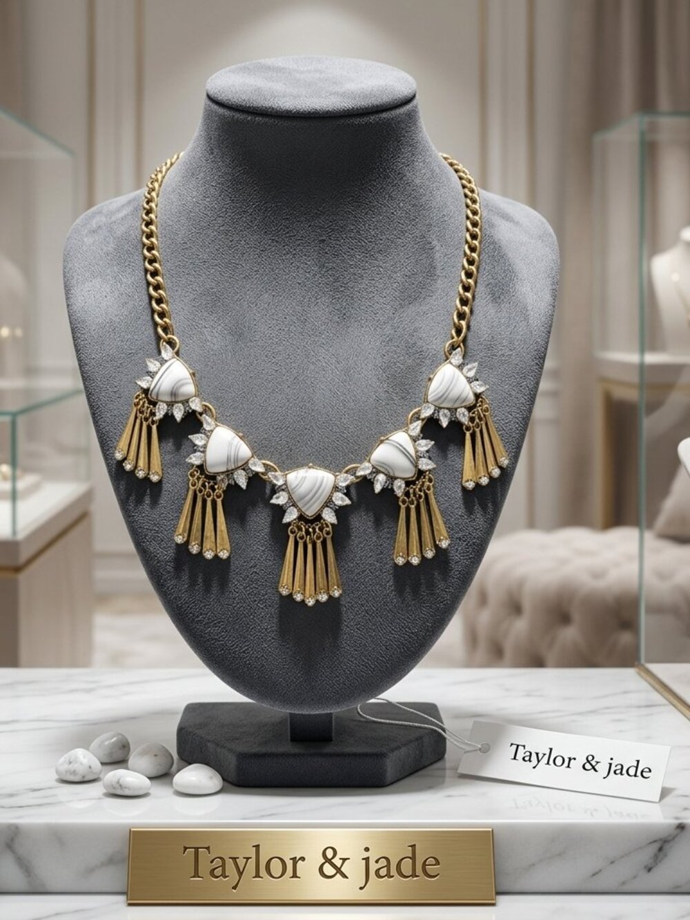 Taylor & Jade Antique Gold Chain  Necklace White Marbleized Stones Rhinestones